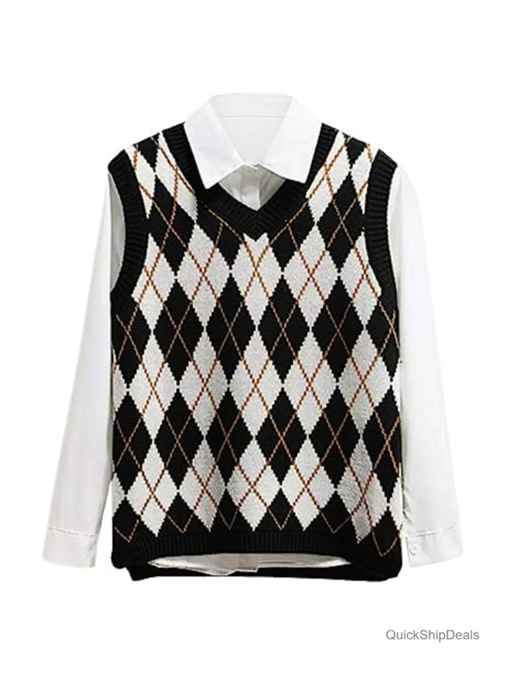 Women's Argyle Sweater Vest Sleeveless V Neck Crop Knit Tank Top
